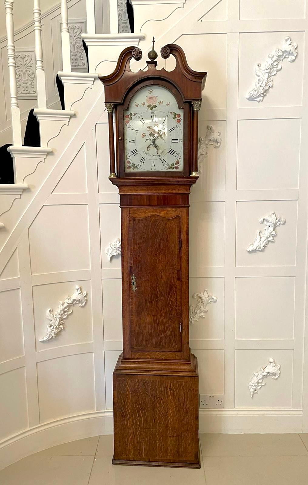 English Antique George III Mahogany and Oak Longcase Clock by Hudfon of Nottingham  For Sale