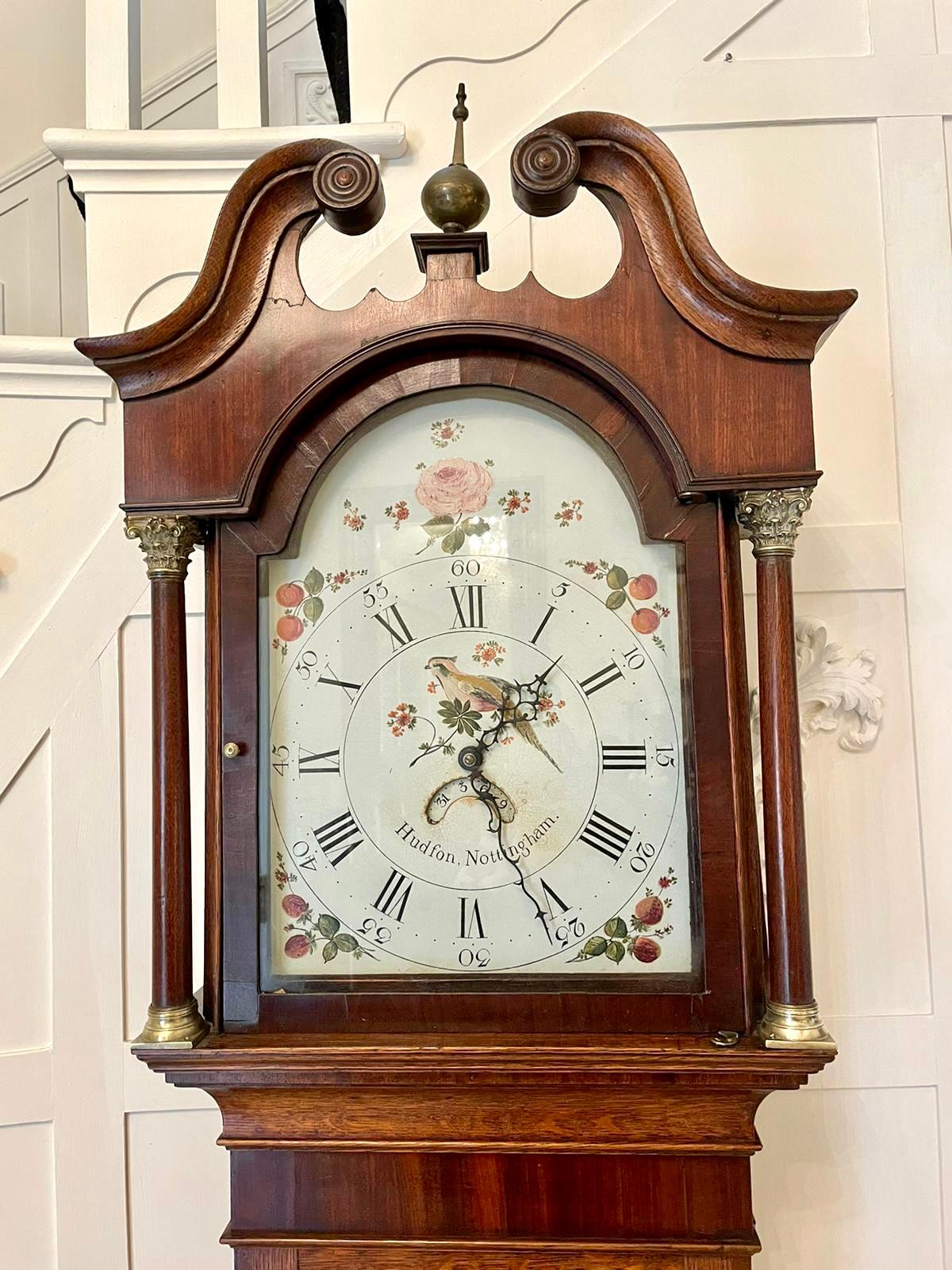 Antique George III Mahogany and Oak Longcase Clock by Hudfon of Nottingham  In Good Condition For Sale In Suffolk, GB