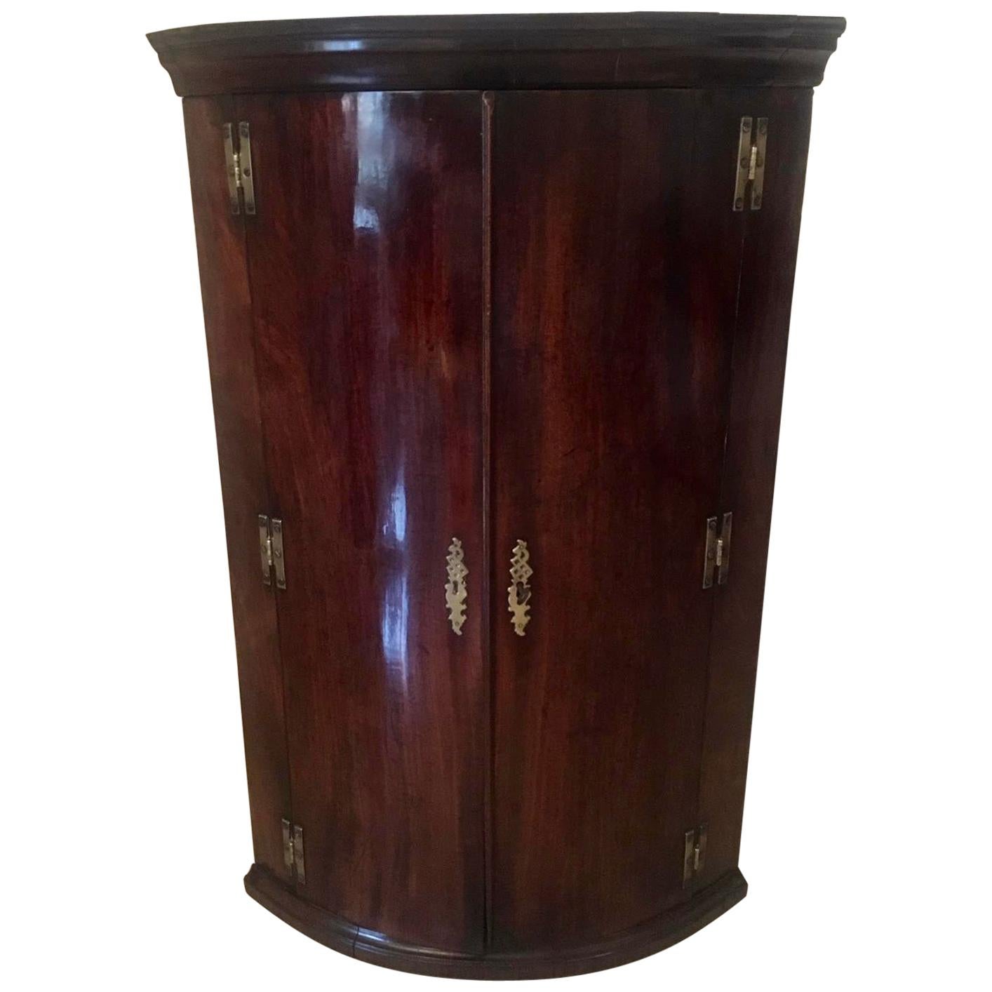 Antique George III Mahogany Hanging Bow Front Corner Cabinet For Sale