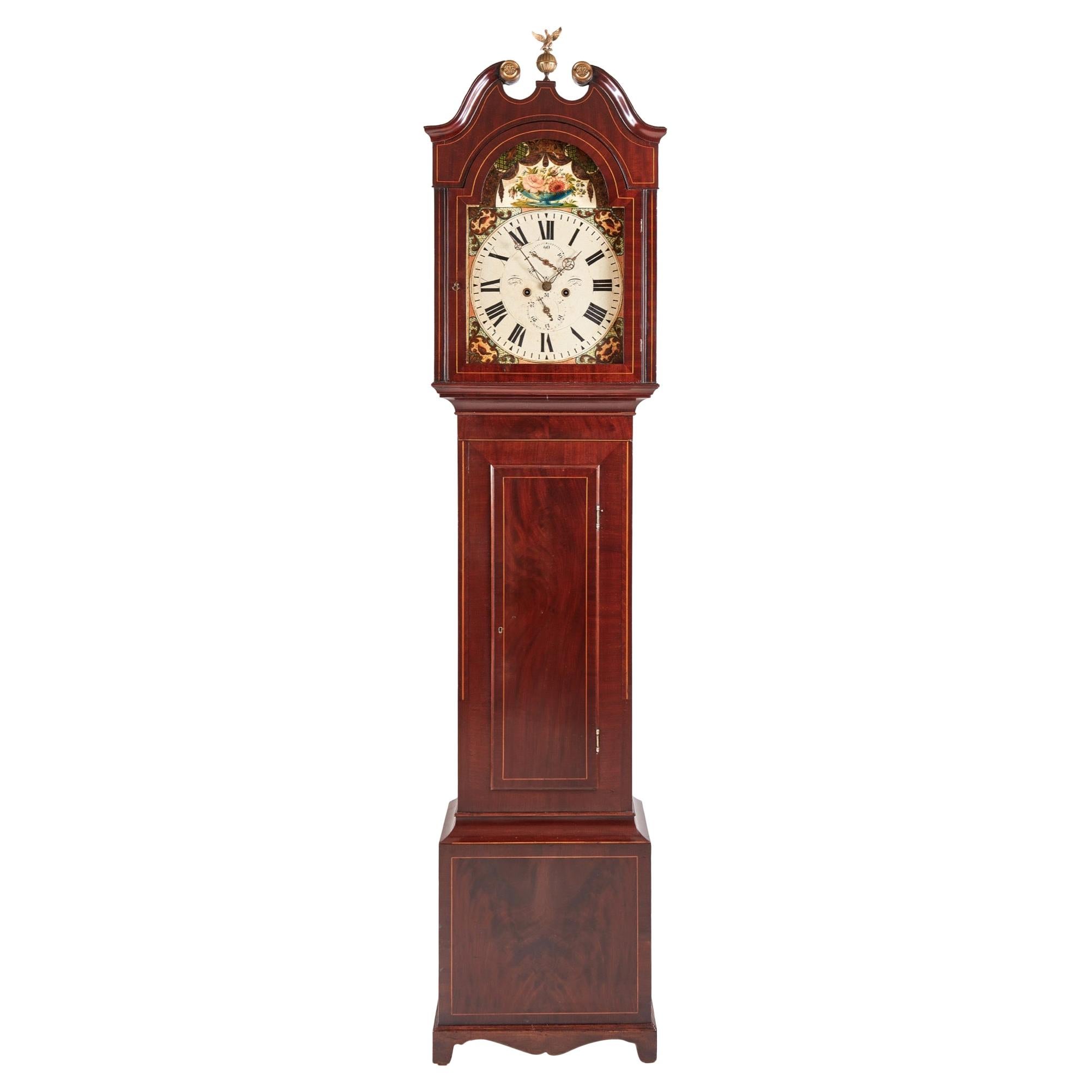 Antique George III Mahogany Inlaid Eight Day Grandfather Clock Antique George I For Sale