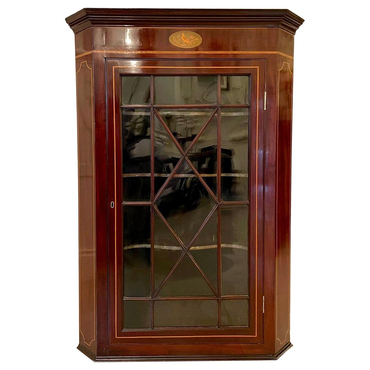 Antique George III Mahogany Inlaid Straight Front Hanging Corner Cupboard