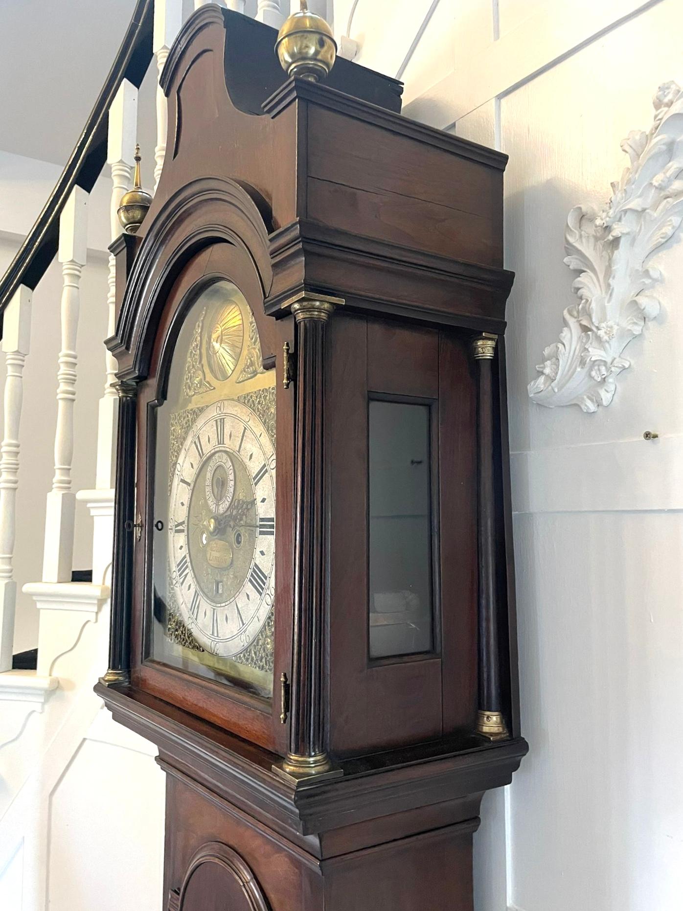 Fine antique George lll all original longcase clock signed Charles Shuckburgh of London having a brass arched dial, silvered chapter ring, subsidiary dial, original hands, 8 day movement striking on the hour and half hour on a bell, original