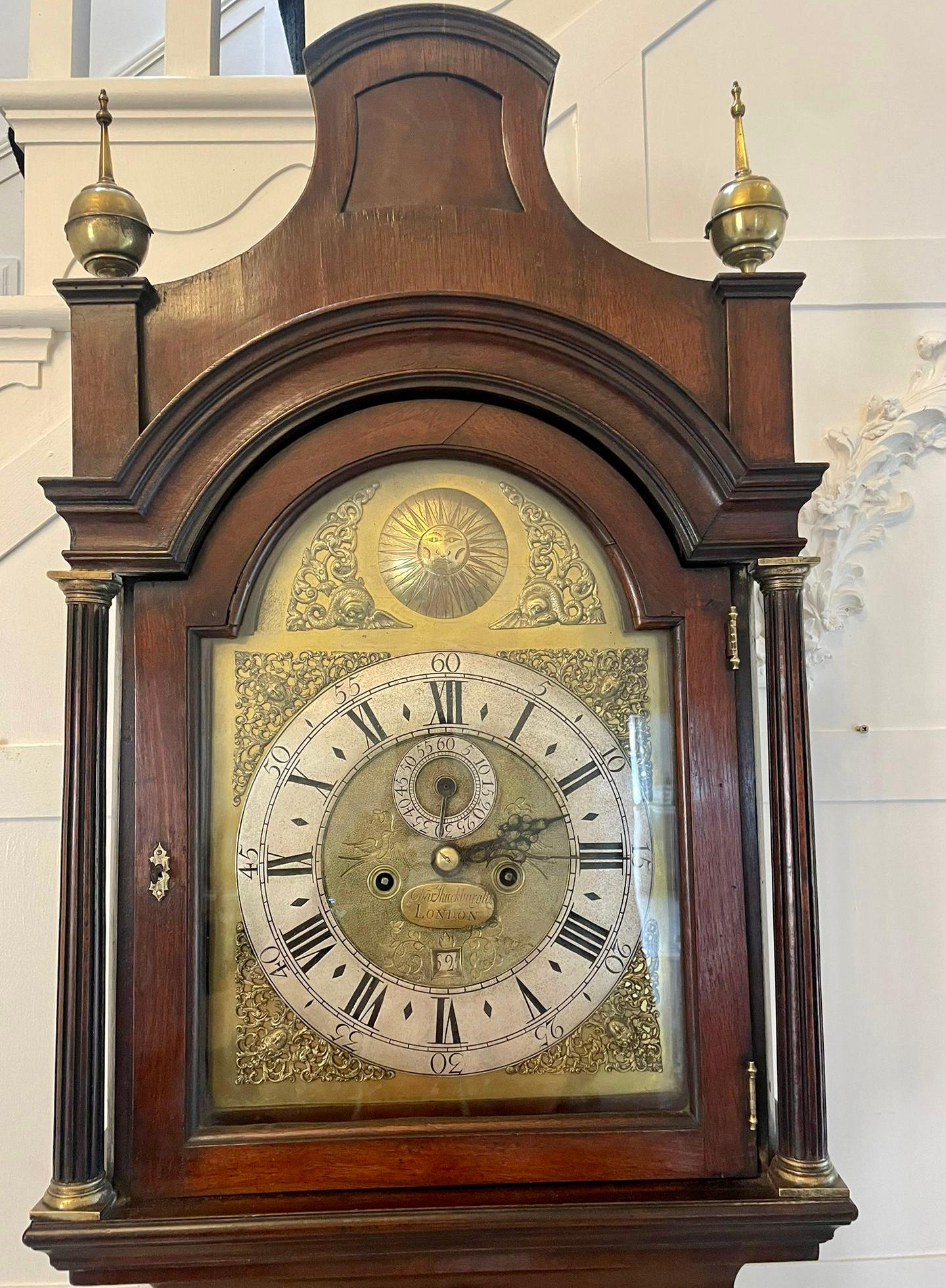 English Antique George III Mahogany Longcase Clock Signed Charles Shuckburgh, London For Sale