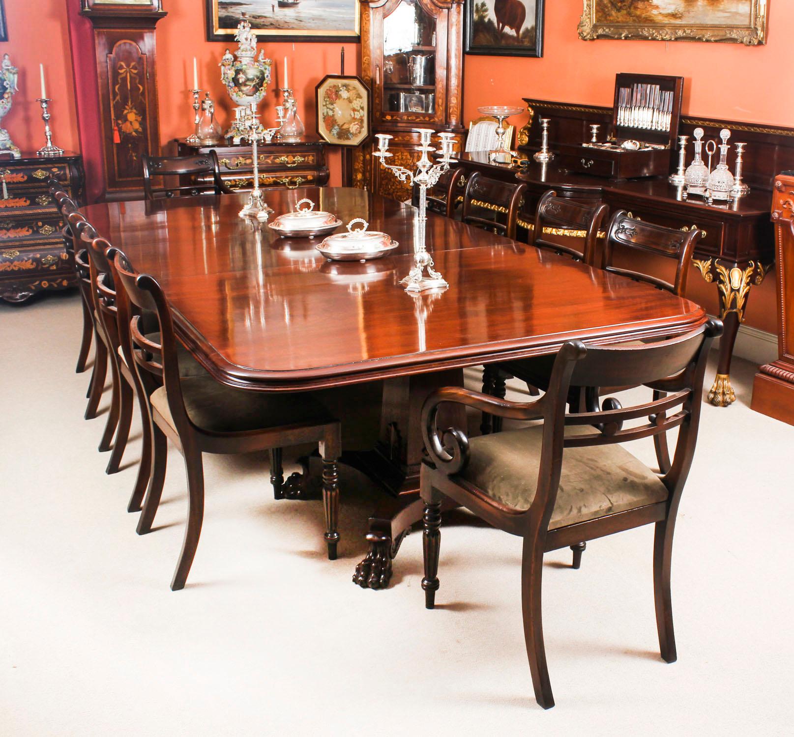 English Antique George III Mahogany Twin Pedestal Dining Table 19th Century & Ten Chairs