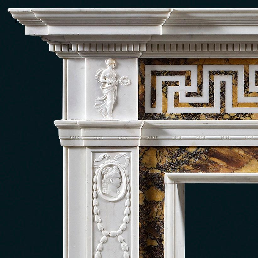 Carved Antique George III Neoclassical Siena and White Marble Fireplace Mantel