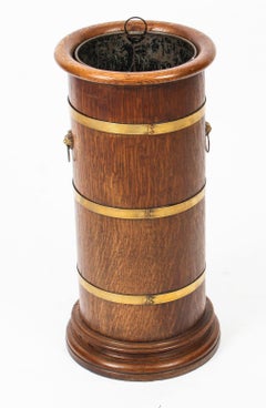 Antique George III Oak Brass Bound Umbrella Walking Stick Stand, 19th Century