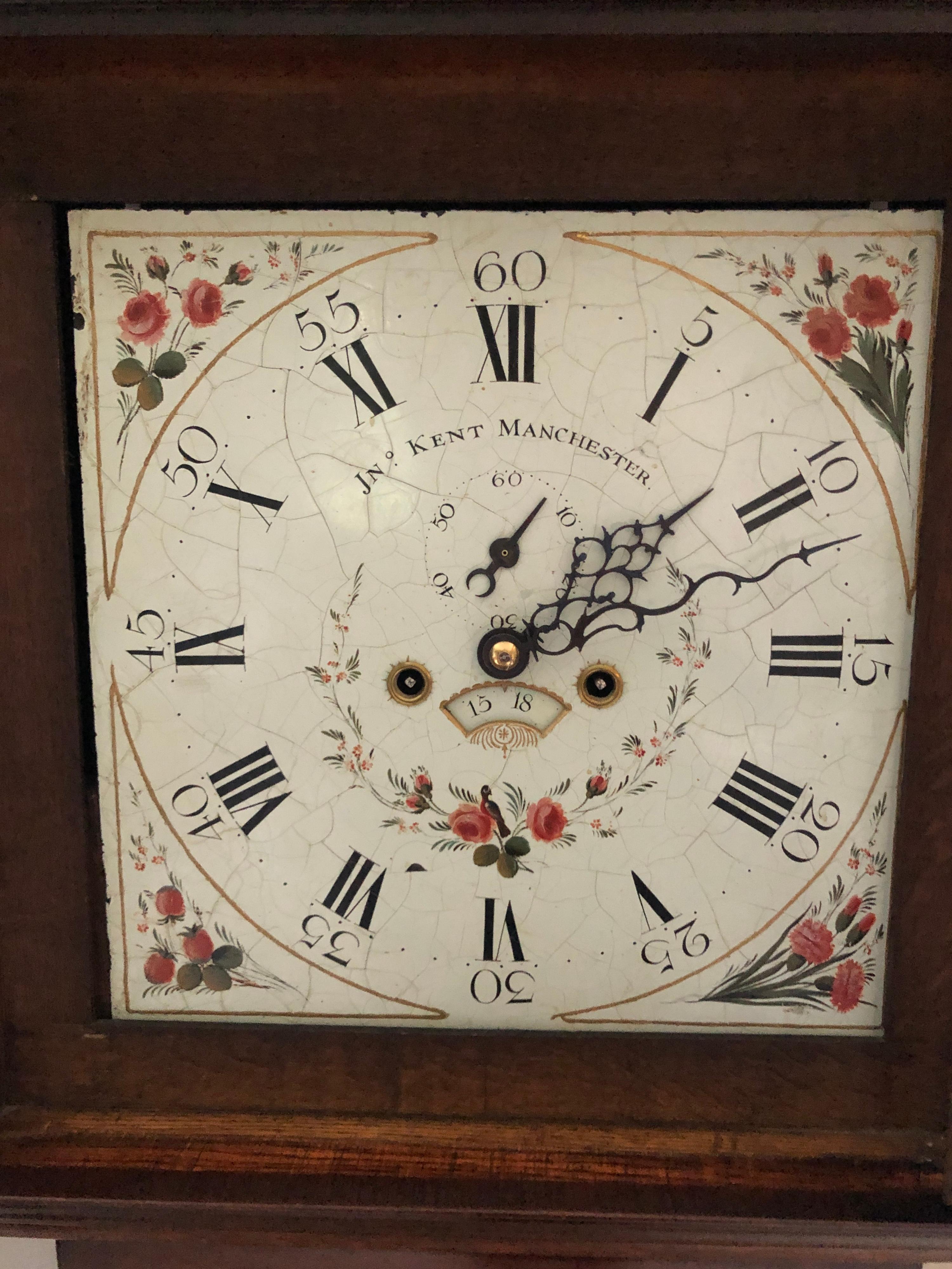 Édouardien Horloge de parquet ancienne en chêne George III signée John Kent, Manchester en vente