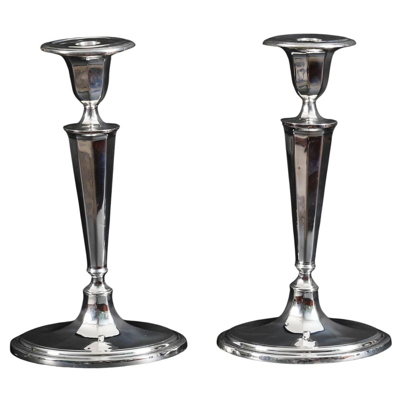 Antique George III Pair Old Sheffield Silver Plated Candlesticks 18th Century For Sale
