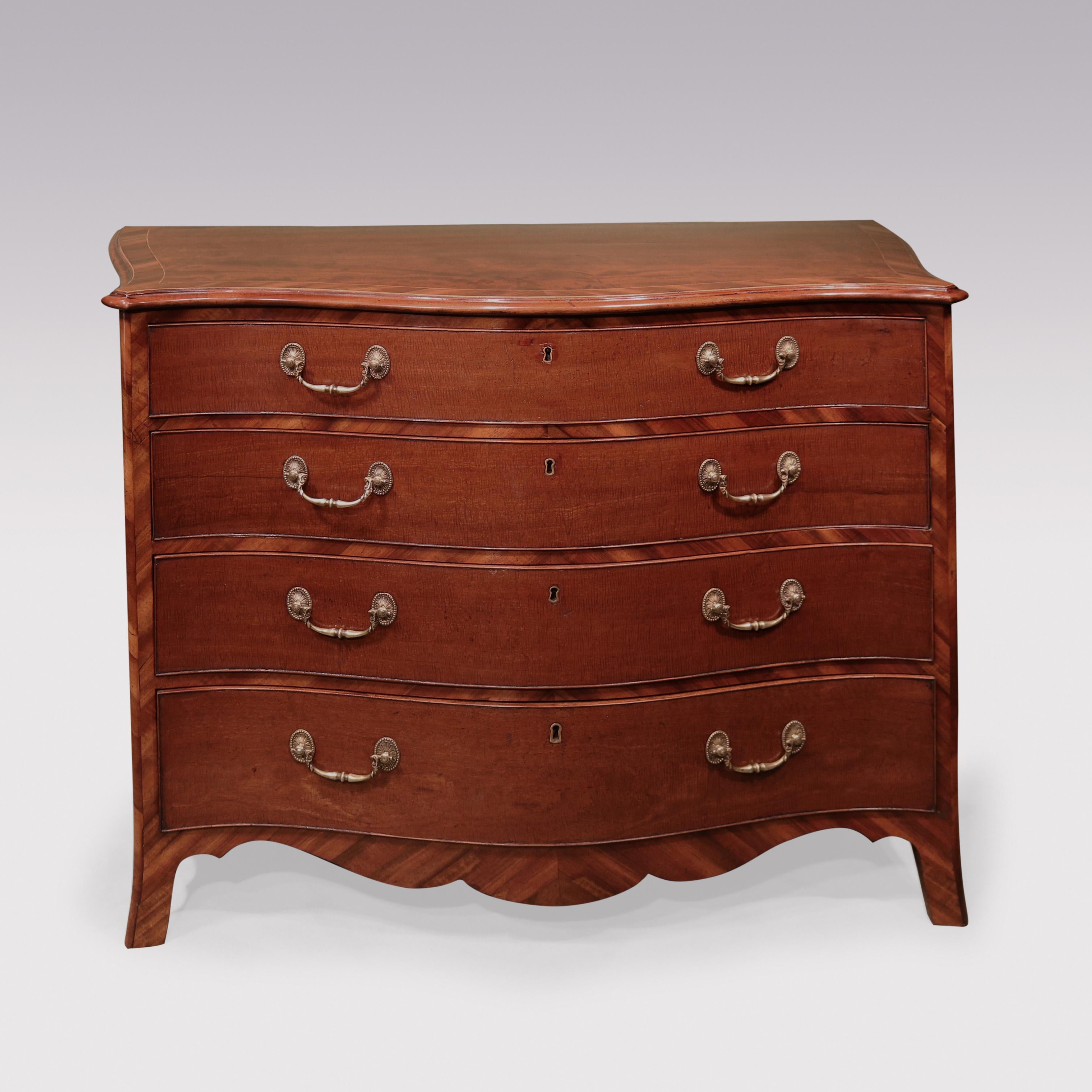 A fine mid-18th Century Geroge III period mahogany serpentine Chest, having moulded edge boxwood line inlaid & Gonzalez Alves crossbanded top, above 4 fiddleback mahogany drawers retaining original brass handles.  The Chest with Gonzalez Alves