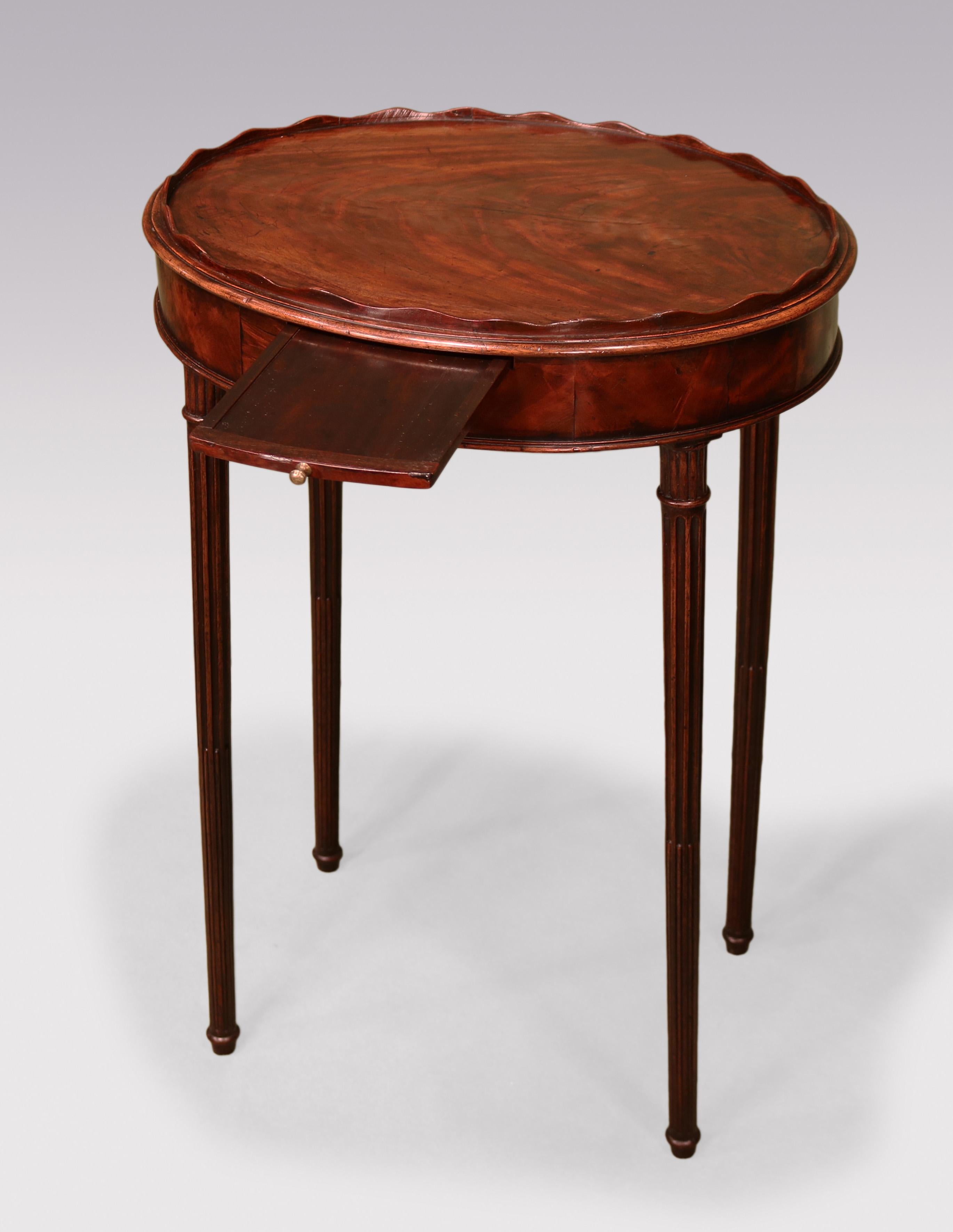 A mid-18th Century George III period Kettle Stand having flame-figured mahogany oval top with scalloped gallery above frieze with slide, supported on ring-turned stop-fluted tapering legs.
Depth: 13.5