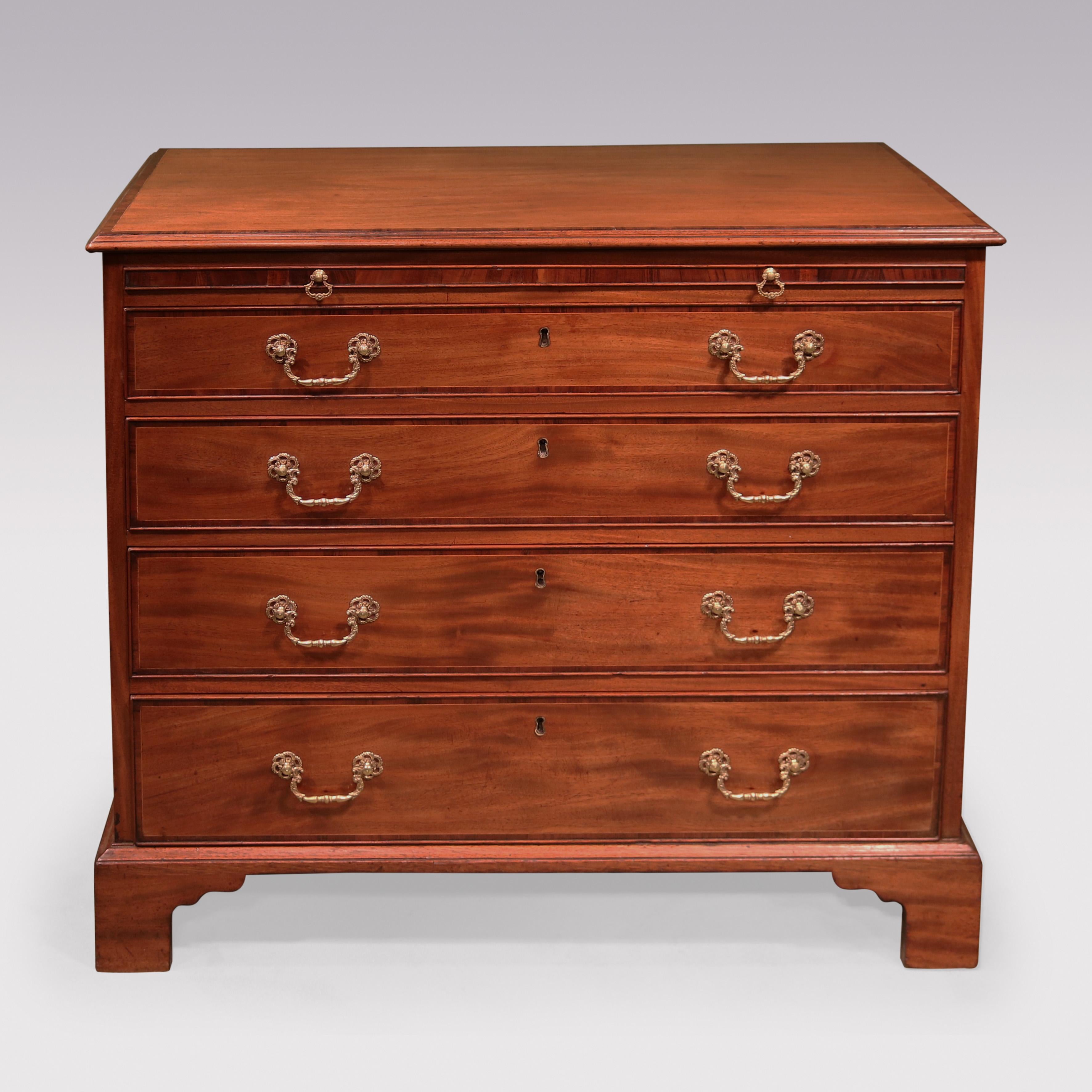 A late 18th Century George III period figured mahogany straight front Chest boxwood strung & kingwood crossbanded throughout, having rectangular moulded edged top above brushing slide & 4 cockbeaded graduated drawers, supported on shaped bracket