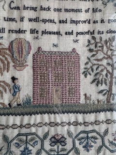 Antique George III Pictorial Needlework Sampler with Hot Air Balloon c1805-1820