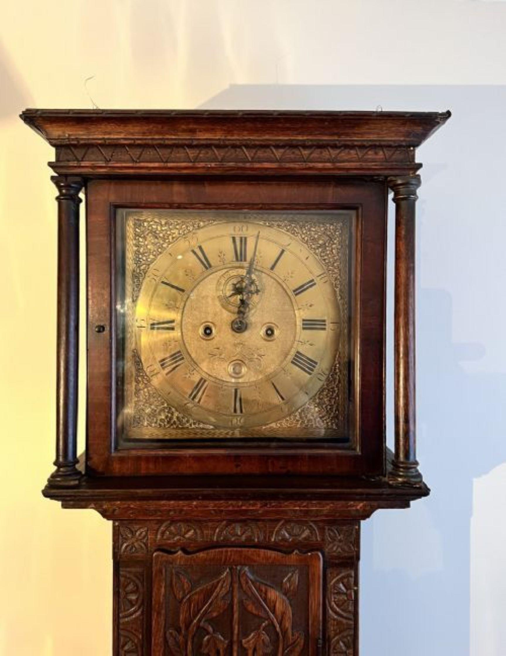 Antique George III quality carved oak brass face longcase clock In Good Condition For Sale In Ipswich, GB