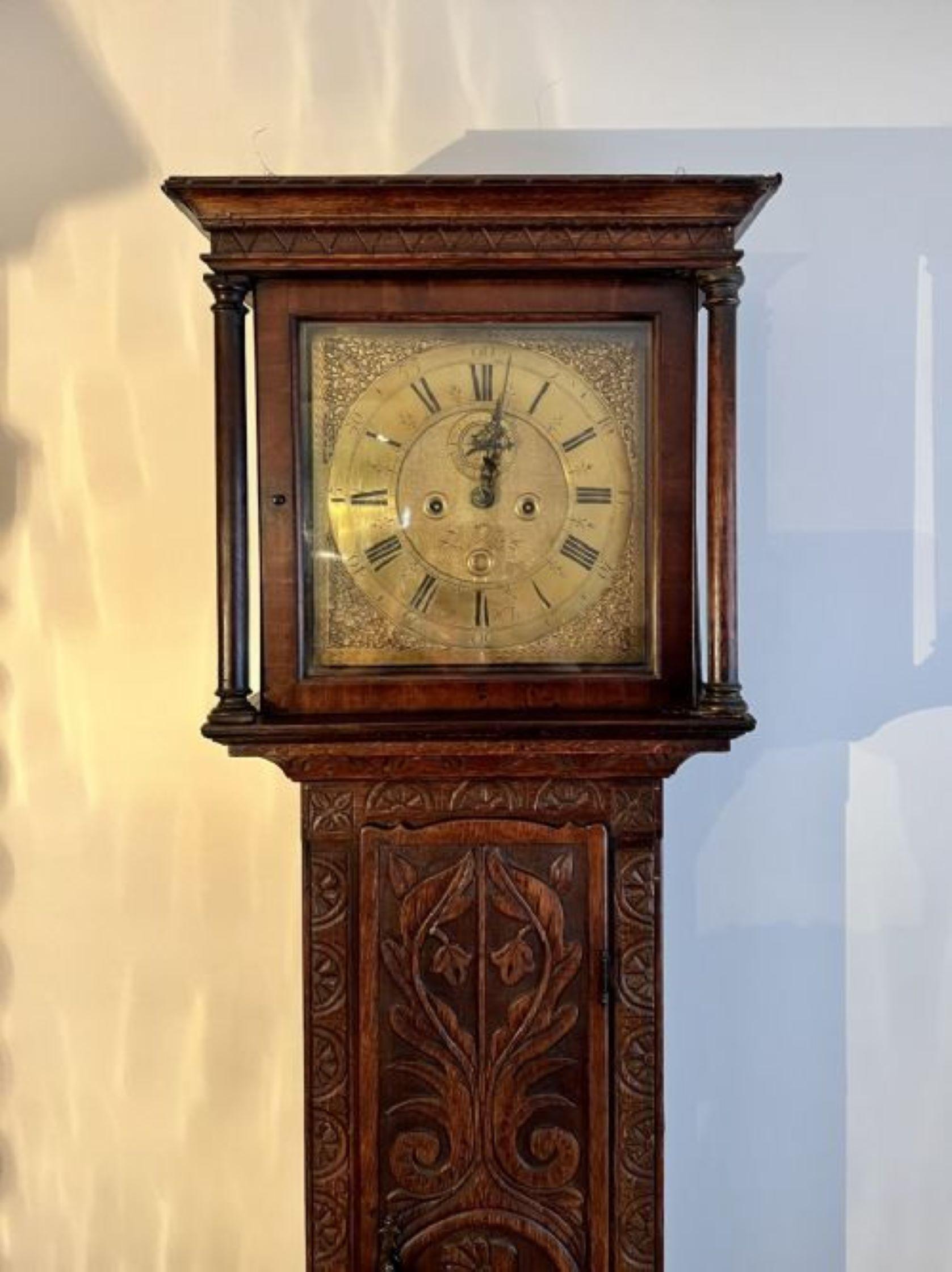 Antique George III quality carved oak brass face longcase clock For Sale 1