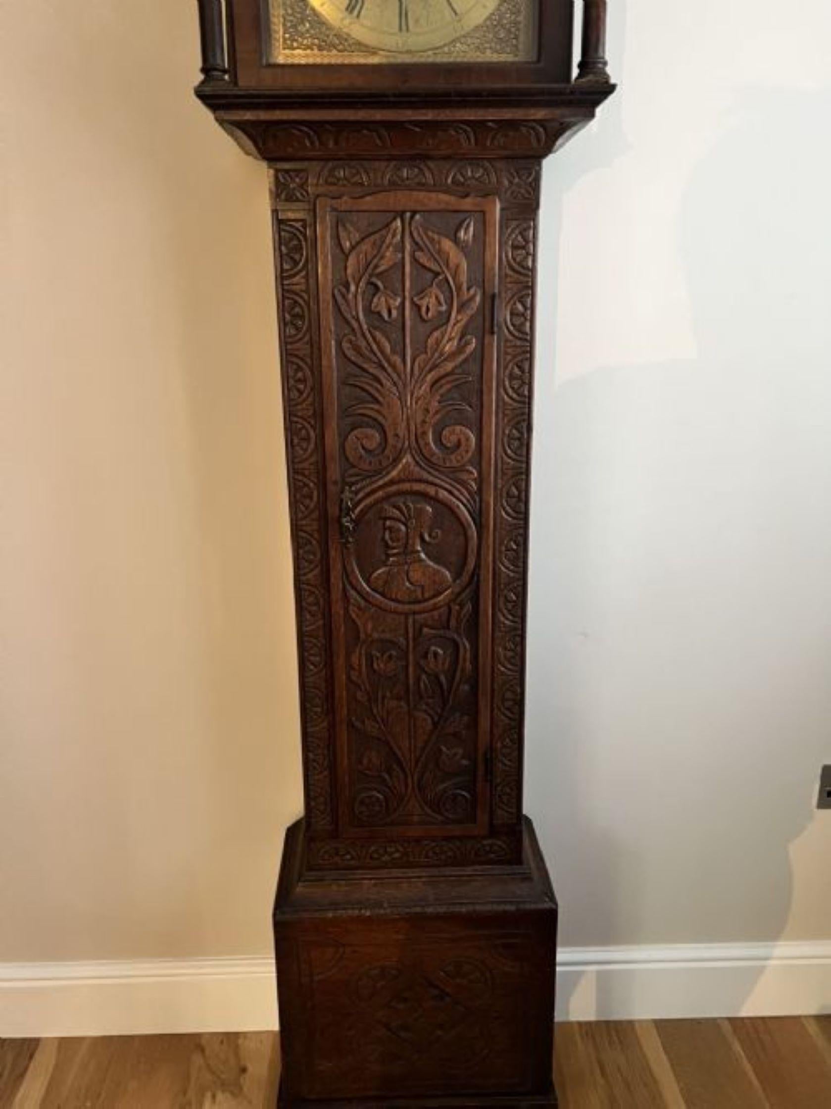 Antique George III quality carved oak brass face longcase clock For Sale 2