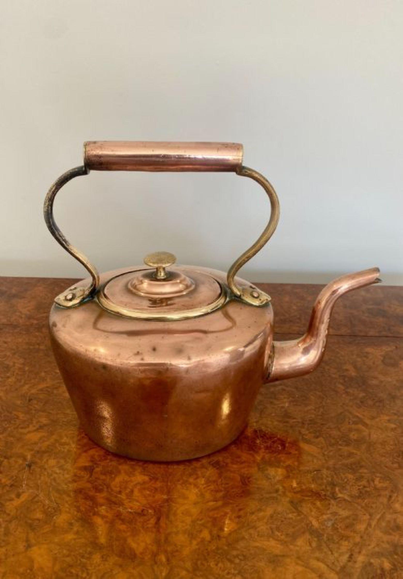 Antique George III quality oval shaped copper kettle with a removable lid, shaped handle and spout 