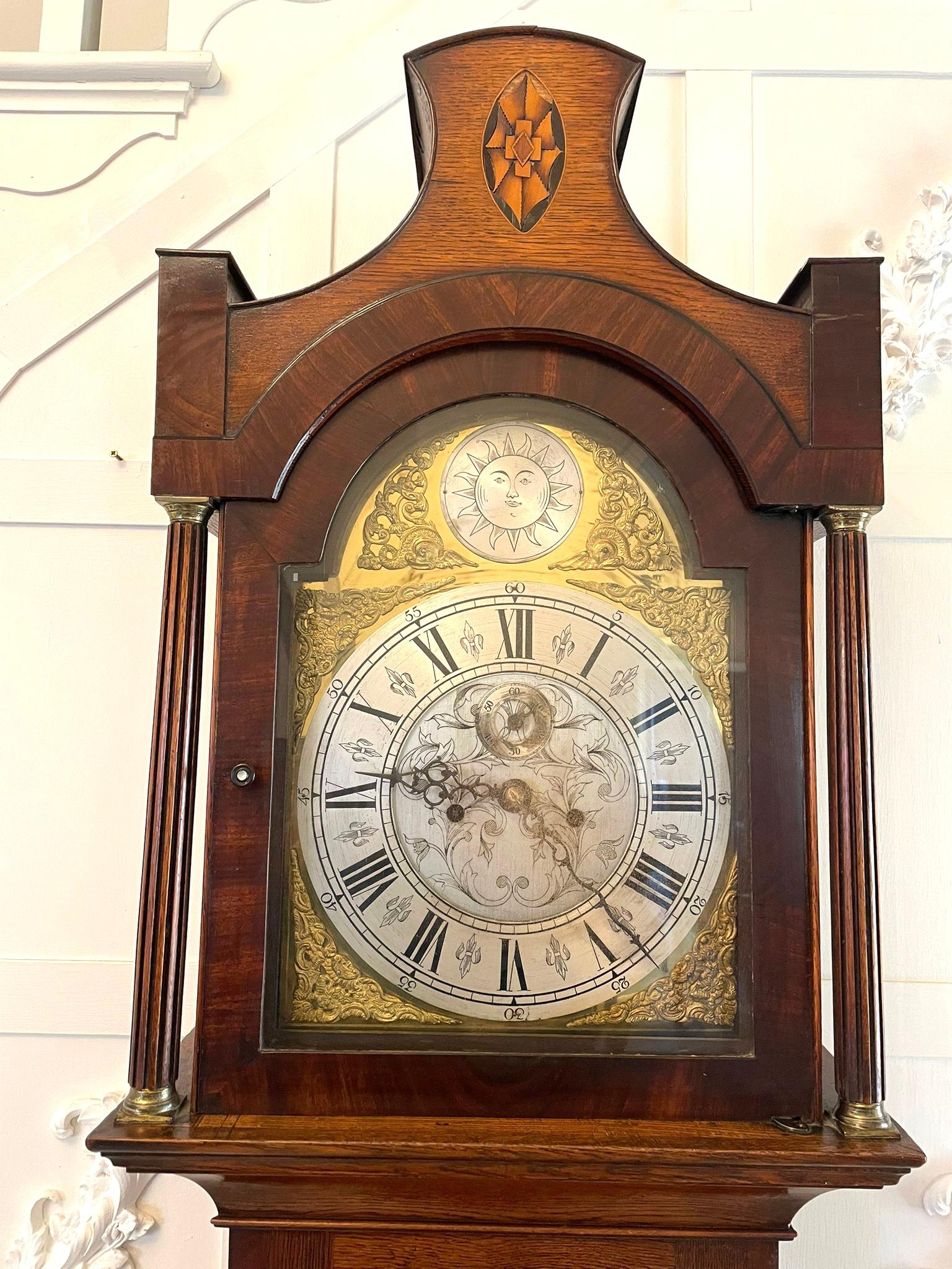 Antique George III Quality Eight Day Brass Face Oak Longcase Clock For Sale 3