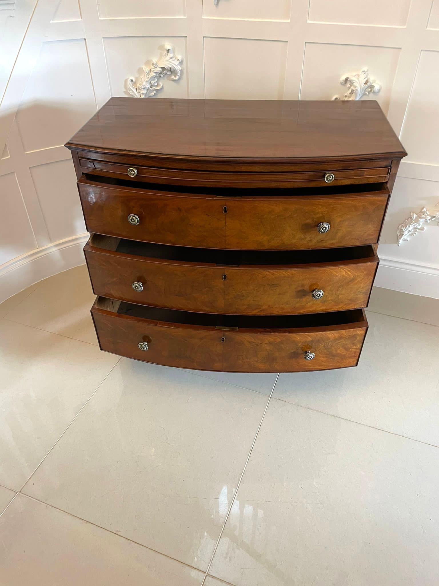 English  Antique George III Quality Figured Mahogany Bow Front Chest of 3 Drawers
