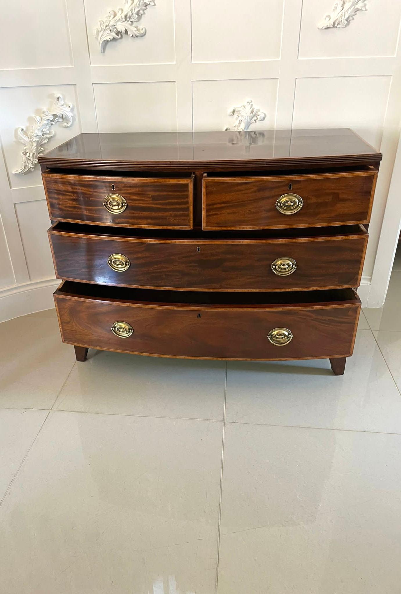 English Antique George III Quality Figured Mahogany Inlaid Bow Front Chest of 4 Drawers