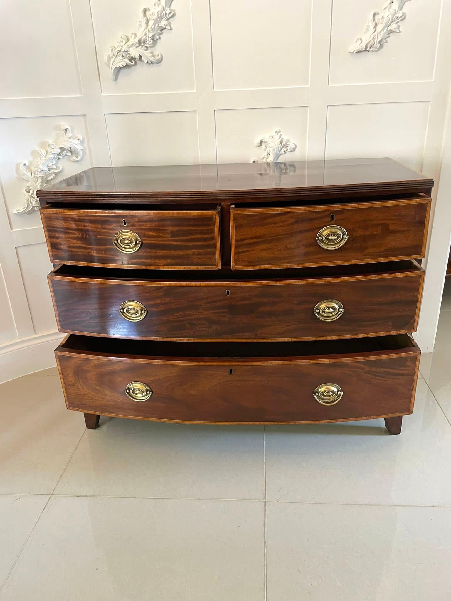 Antique George III Quality Figured Mahogany Inlaid Bow Front Chest of 4 Drawers In Good Condition In Suffolk, GB