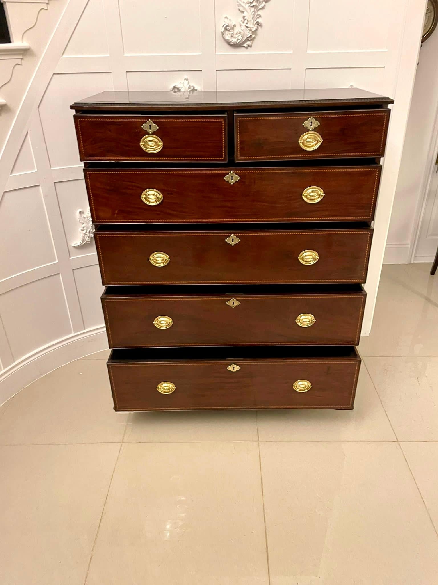 English Antique George III Quality Figured Mahogany Inlaid Chest of 6 Drawers For Sale