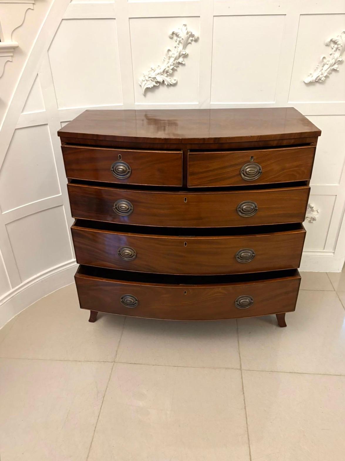 Antique George III quality mahogany bow fronted chest of 5 drawers having a quality mahogany bow fronted top above 2 short and 3 long cockbeeded oak lined drawers with original brass handles standing on splayed feet united by a shaped apron

A