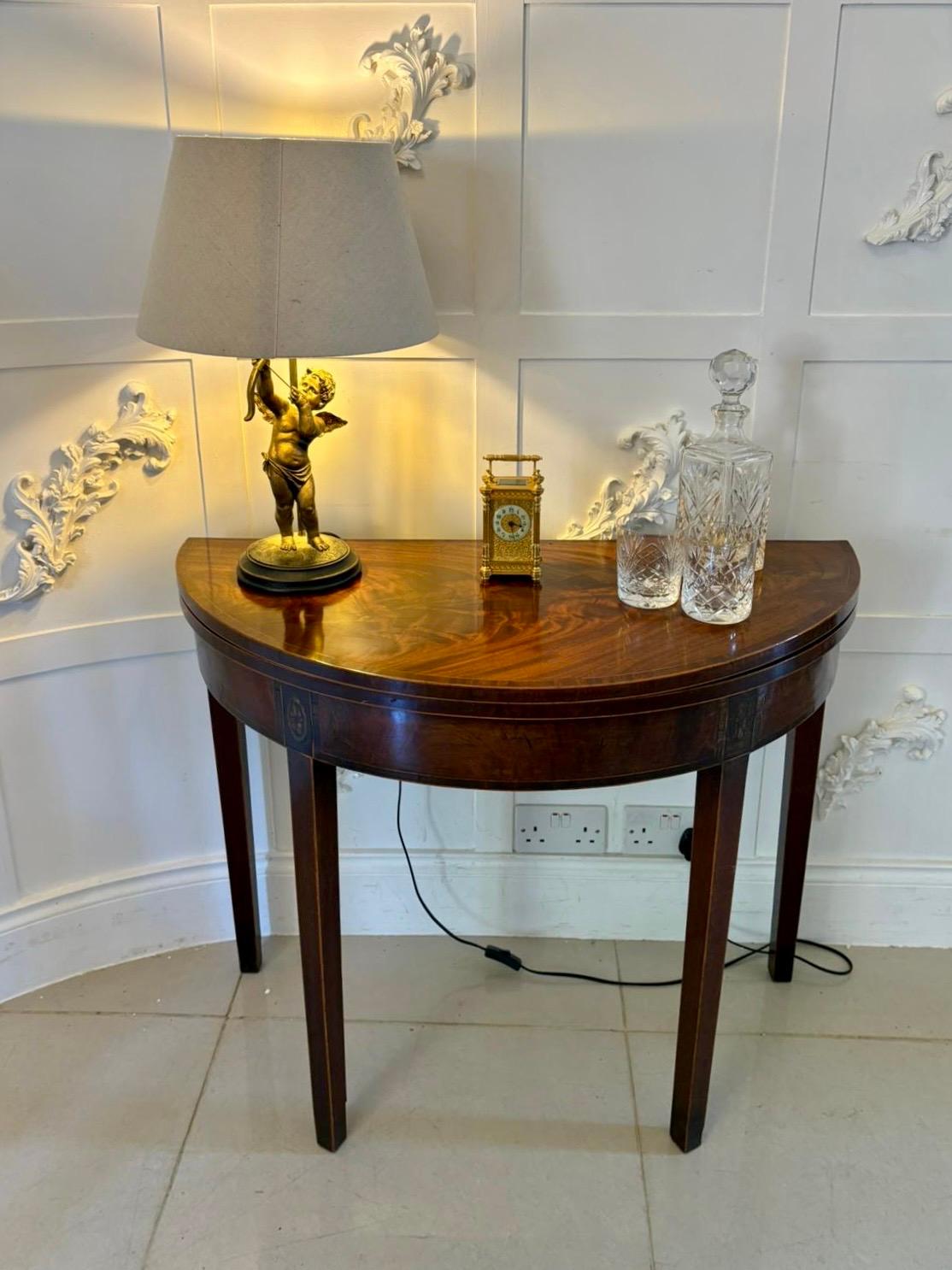 English Antique George III Quality Mahogany Inlaid Demi Lune Shaped Card/Console Table For Sale