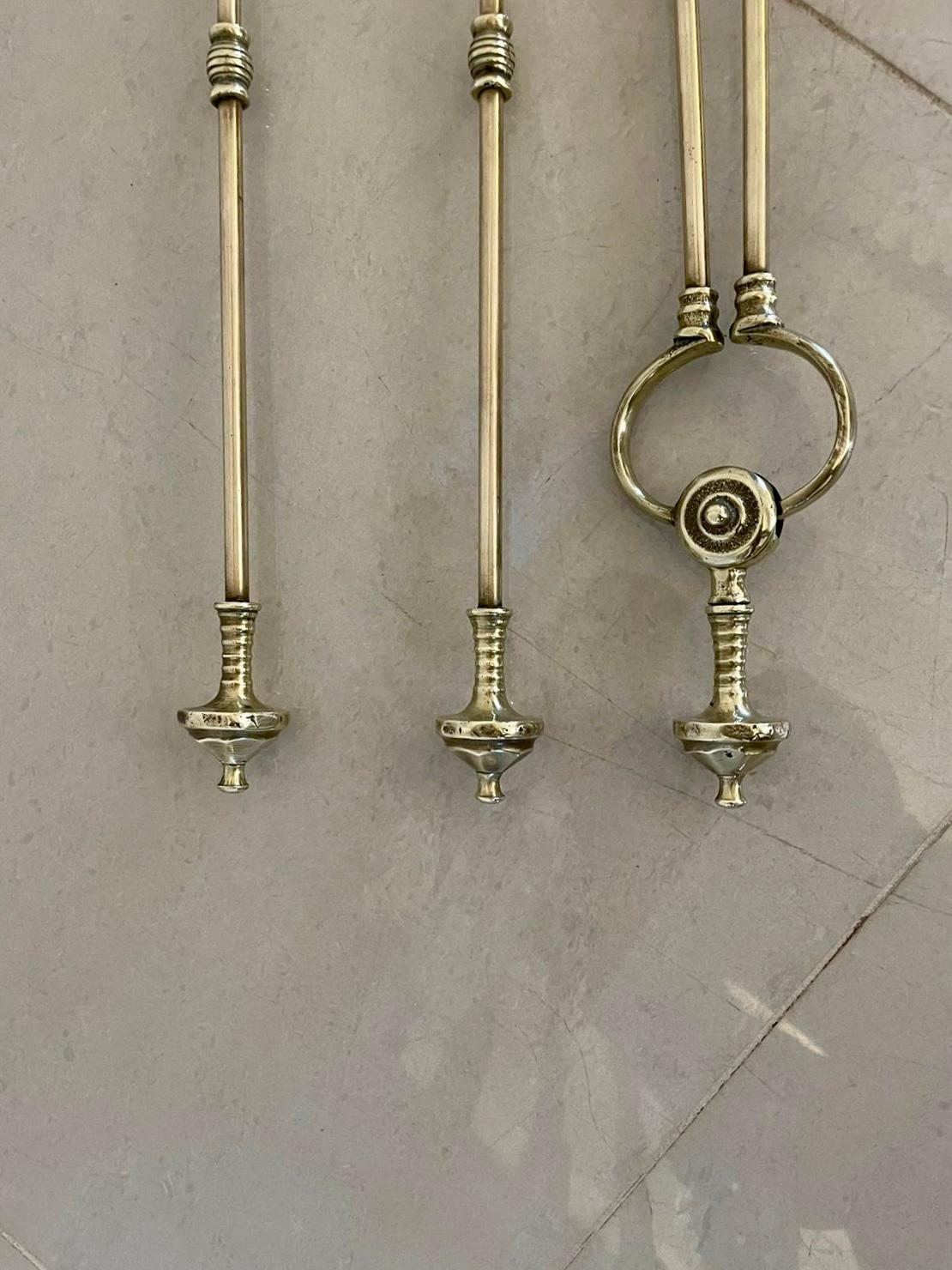 English Antique George III Quality Set of 3 Brass Fire Irons For Sale