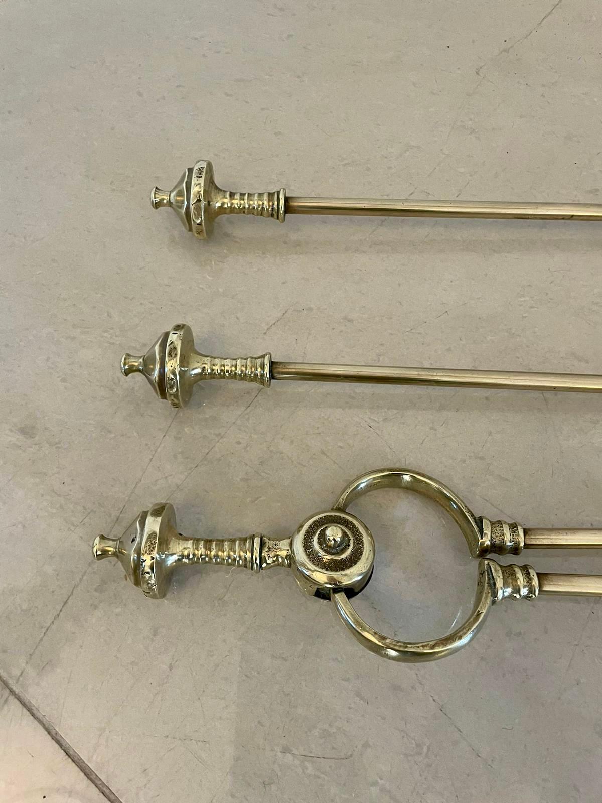 19th Century Antique George III Quality Set of 3 Brass Fire Irons For Sale