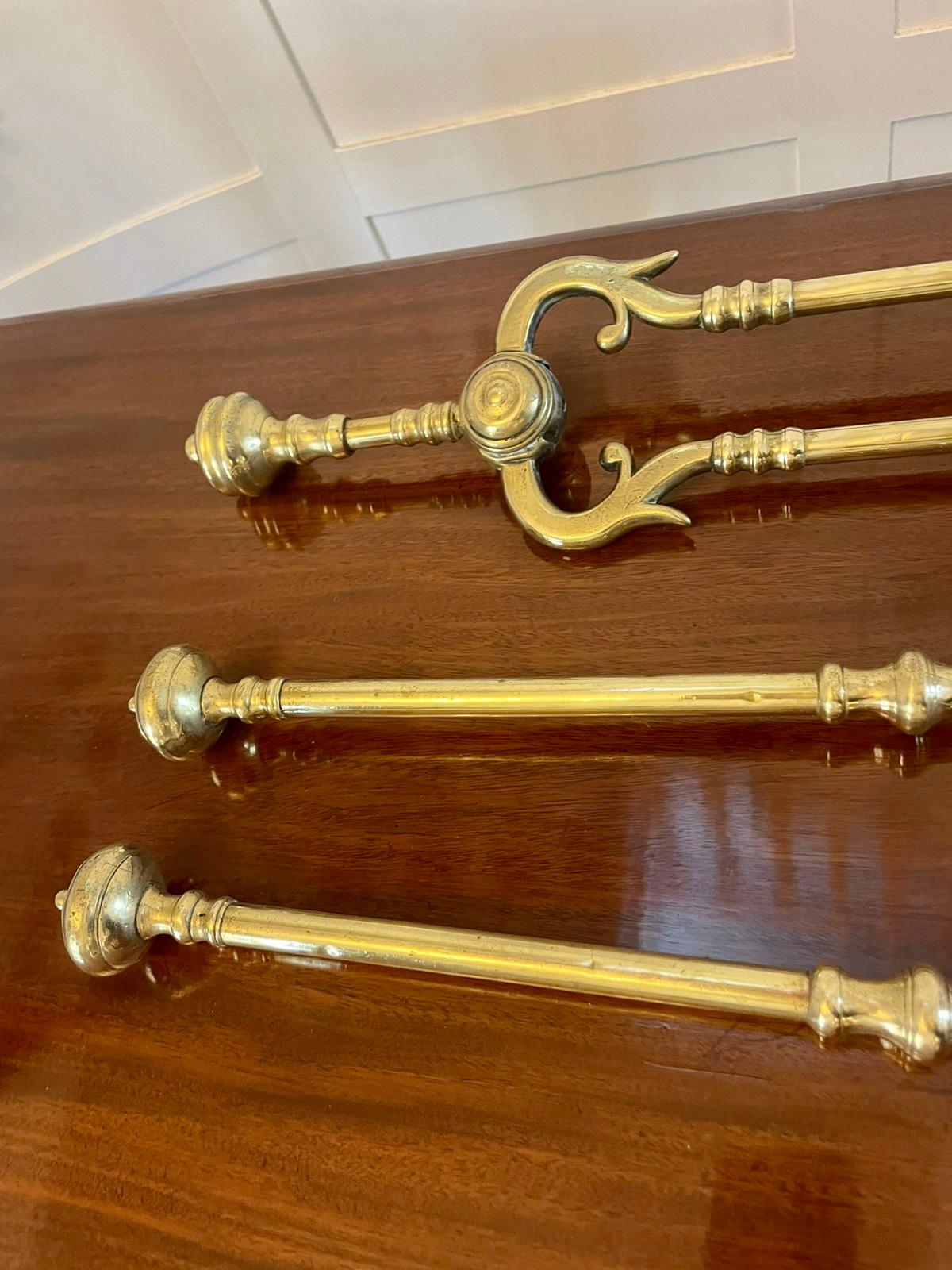 19th Century Antique George III Quality Set of Three Brass Fire Irons For Sale