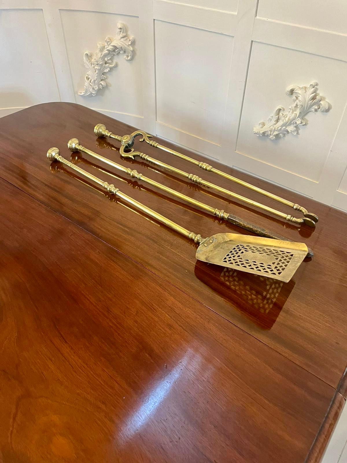 Antique George III Quality Set of Three Brass Fire Irons For Sale 1