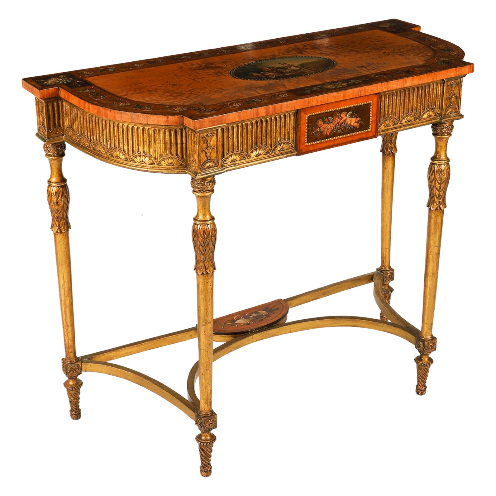 Antigua Mesa Consola Demi-Lune Pintada de Madera Satinada Jorge III Siglo XVIII en venta