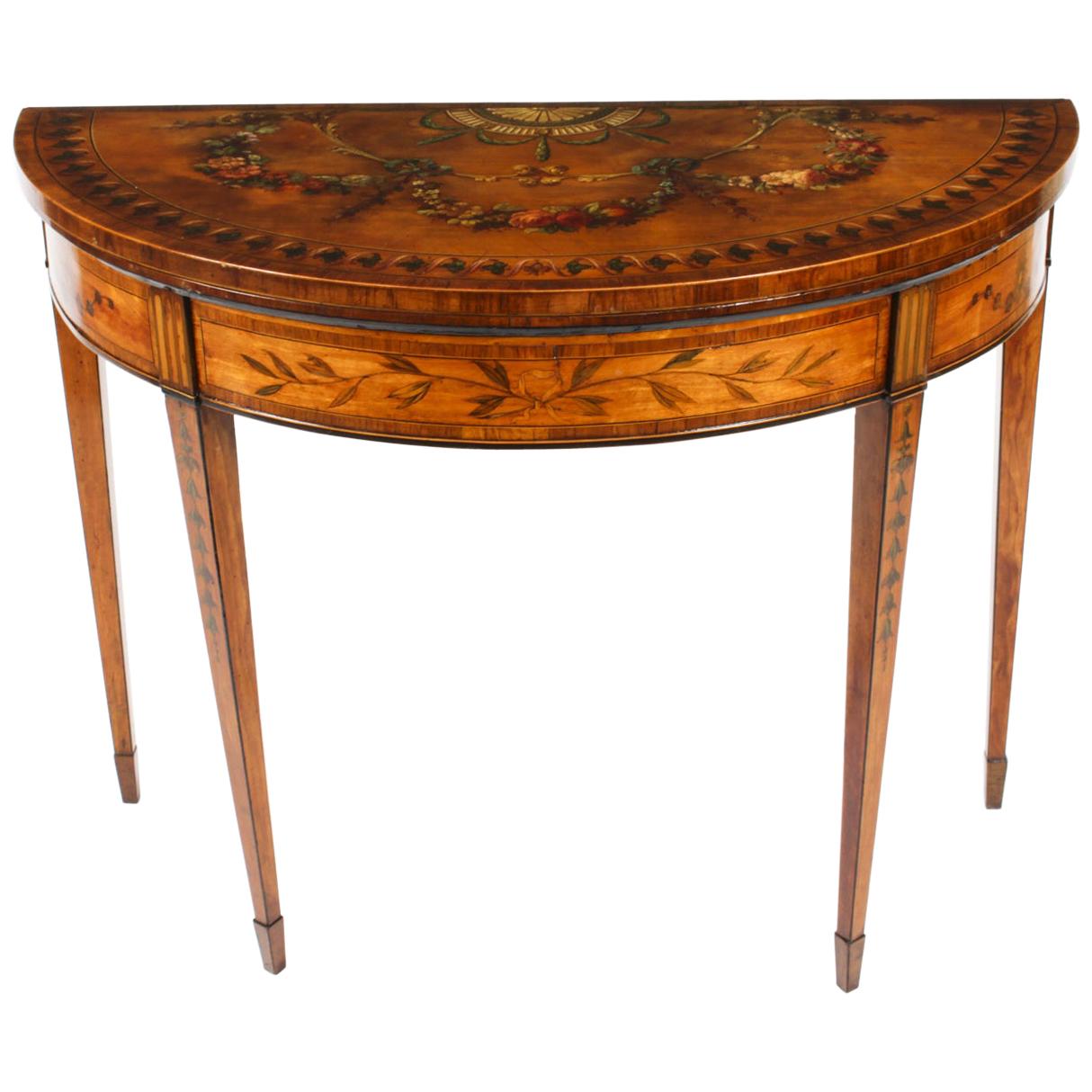 Antique George III Satinwood Demi-Lune Card Console Table, 19th C