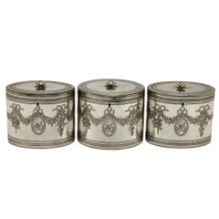 Antike George III Satz von 3 Sterling Silber Caddies in passender Holzkiste 1784