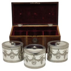 Antique George III Set of 3 Sterling Silver Caddies in fitted Wooden Case 1784