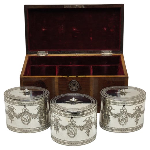 Antique George III Set of 3 Sterling Silver Caddies in fitted Wooden Case 1784