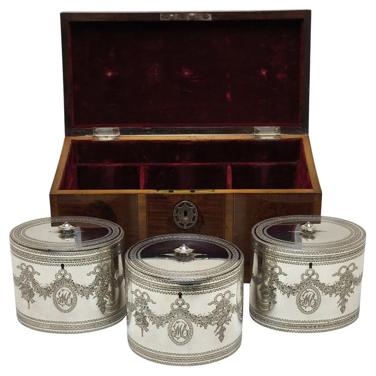 Antique George III Set of 3 Sterling Silver Caddies in fitted Wooden Case 1784