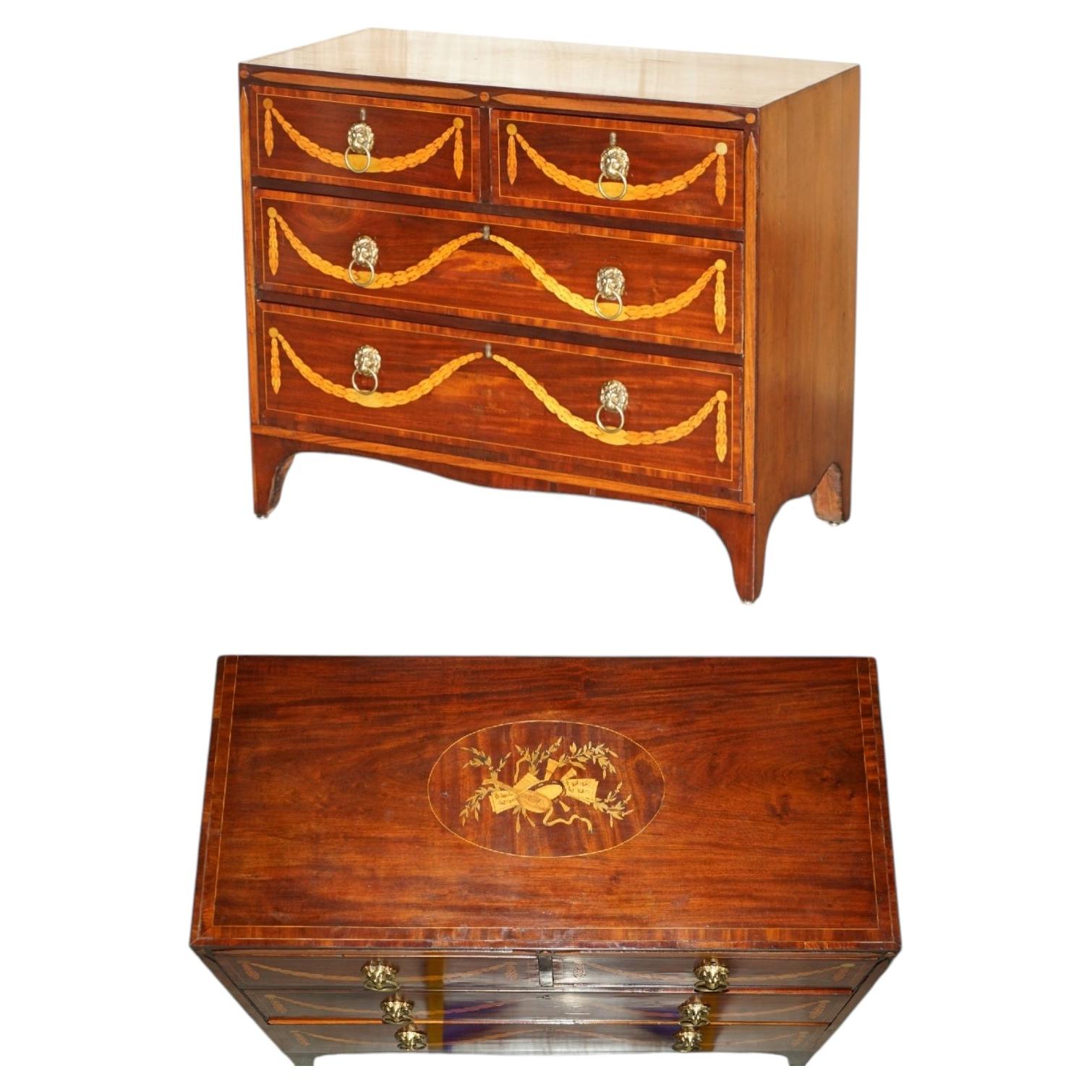 ANTIQUE GEORGE III SHERATON INLAID HARDWOOD CHEST OF DRAWERS LION HEAD HANDLEs For Sale