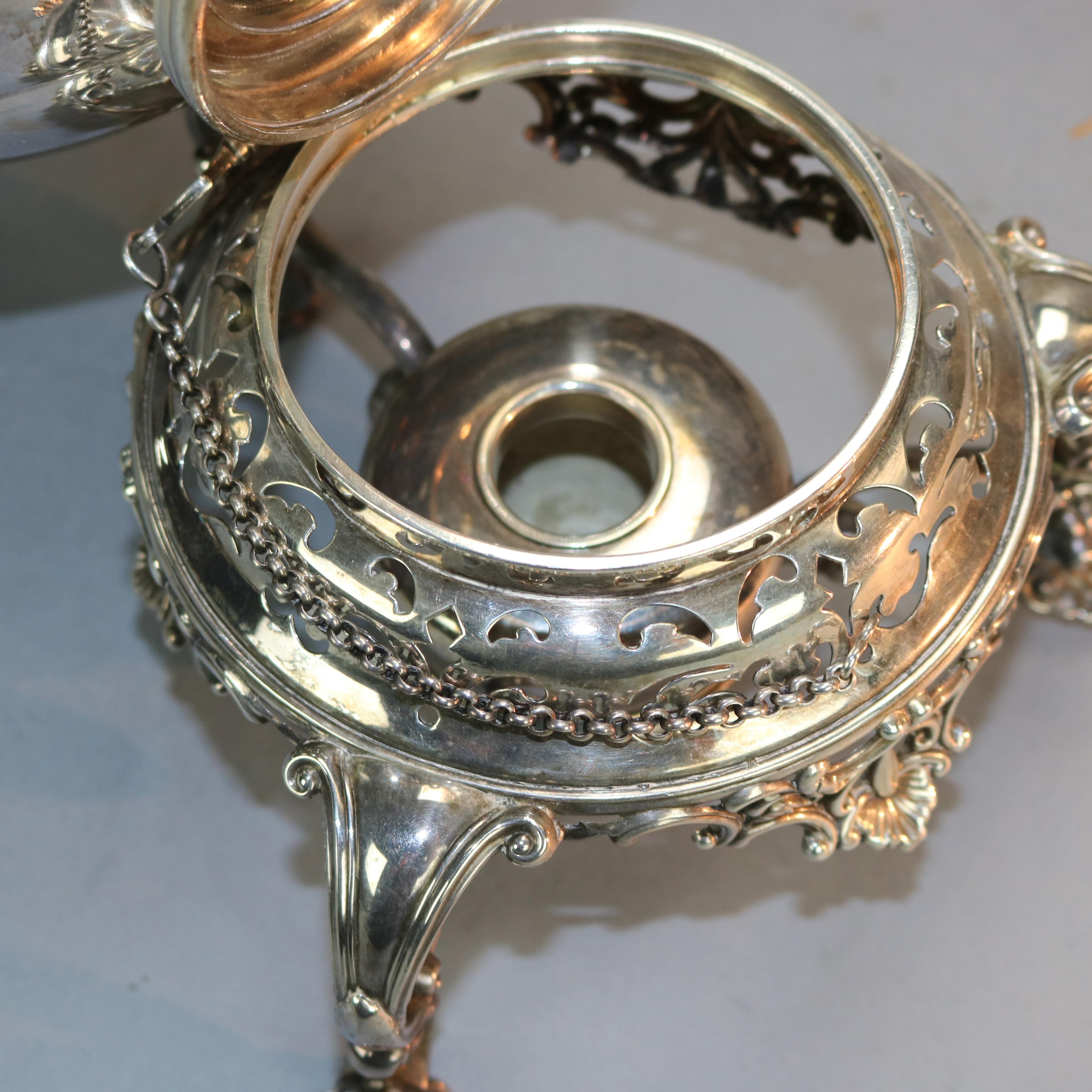 19th Century Antique George III Silver Plate Tilting Teapot with Burner Stand, Circa 1830