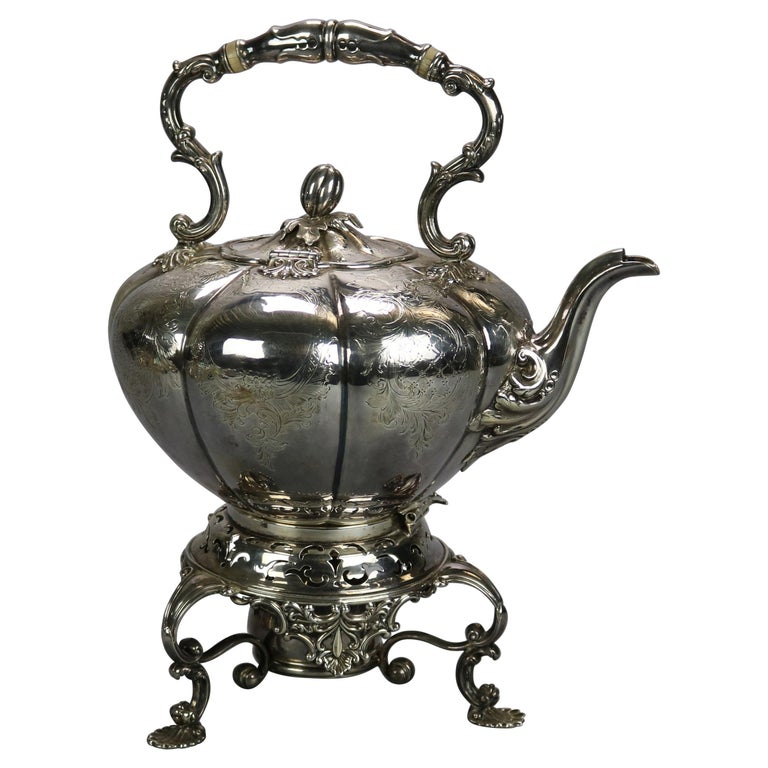 Antique III Silver Plate Tilting Teapot with Burner Stand, Circa 1830 at 1stDibs
