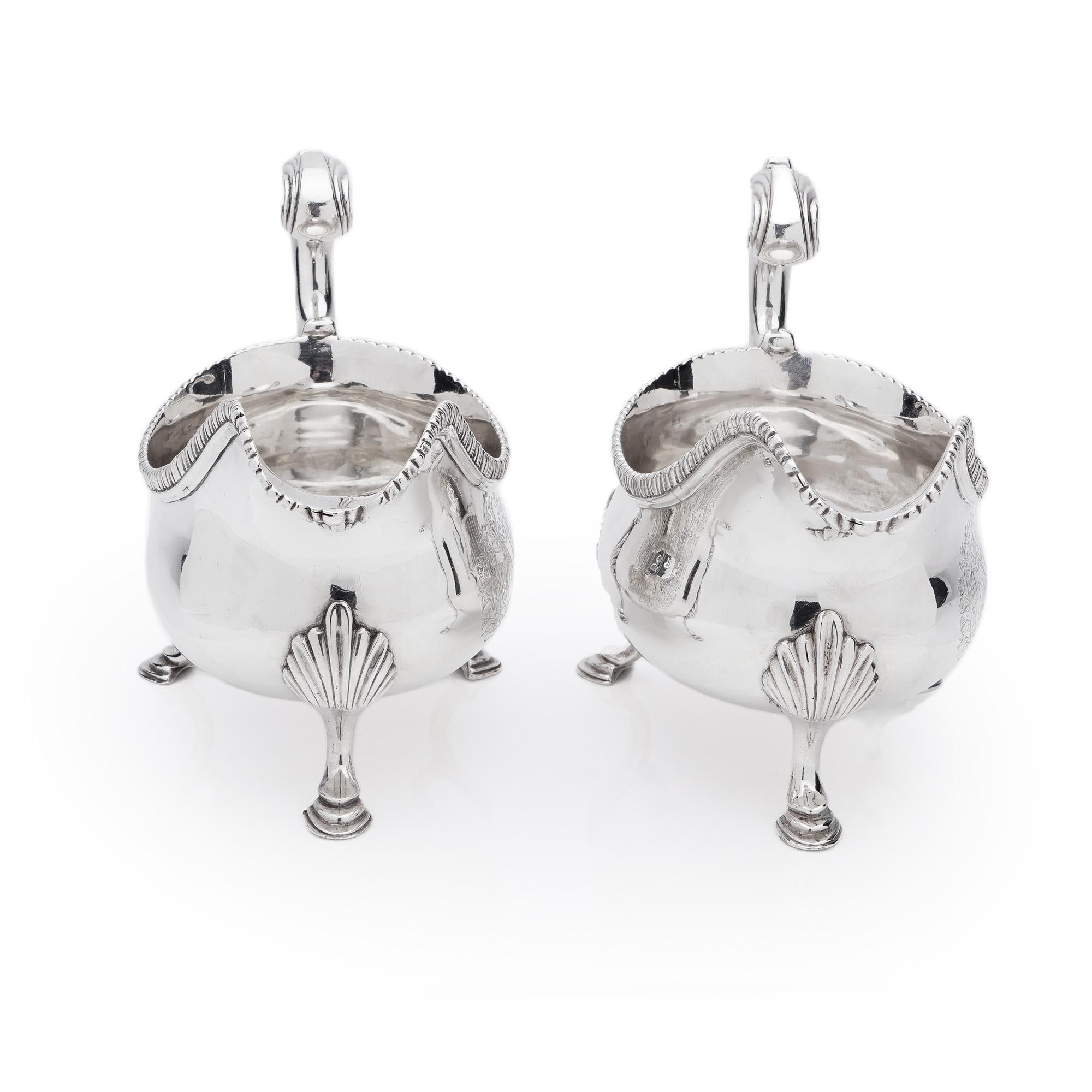 British Antique George III Sterling Silver Pair of Sauce Boats with Coat of Arms For Sale