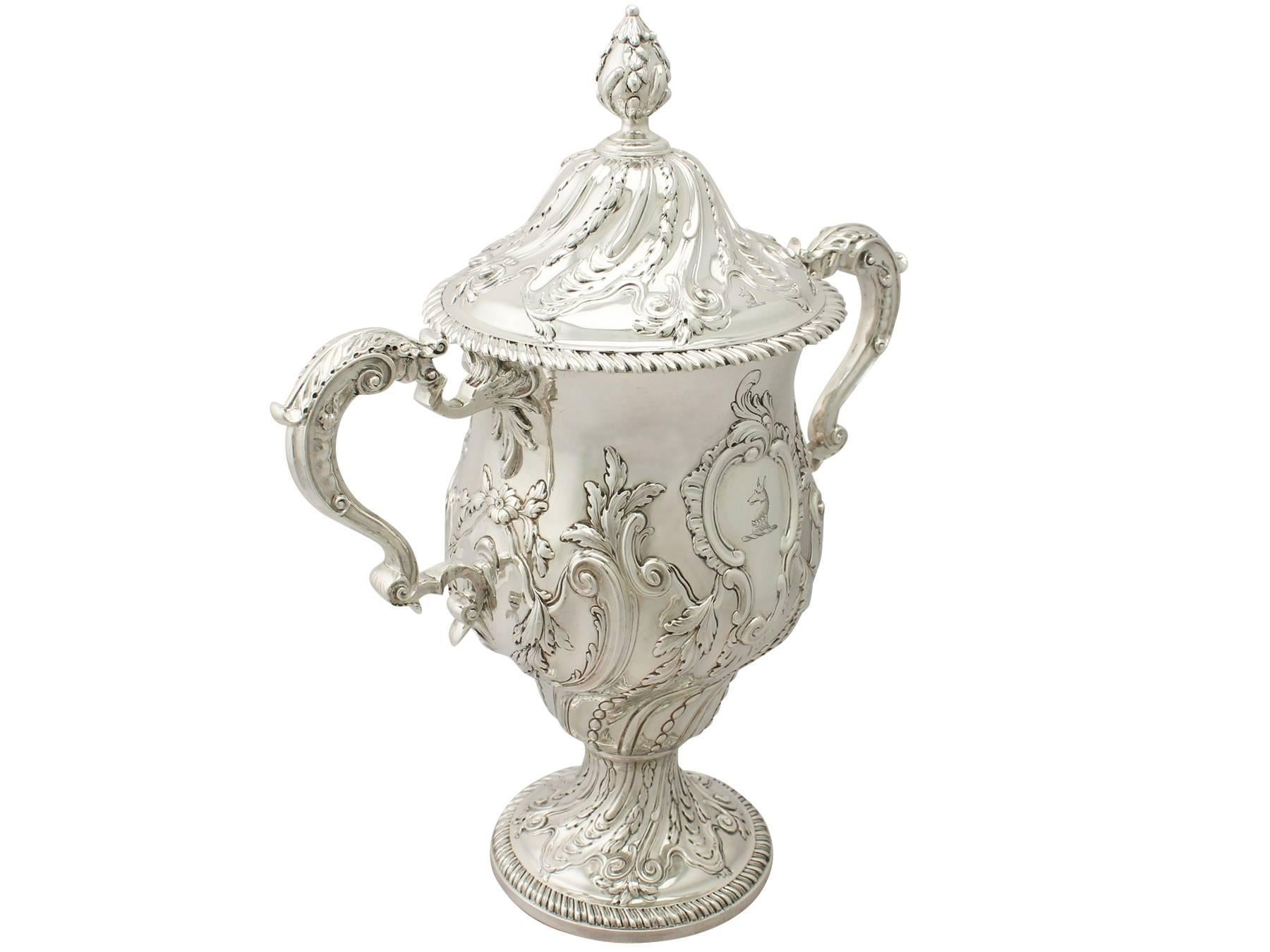 A magnificent, fine and impressive antique George III English sterling silver cup and cover, an addition to our Georgian silverware collection

This magnificent antique George III sterling silver cup and cover has a campania shaped form to a