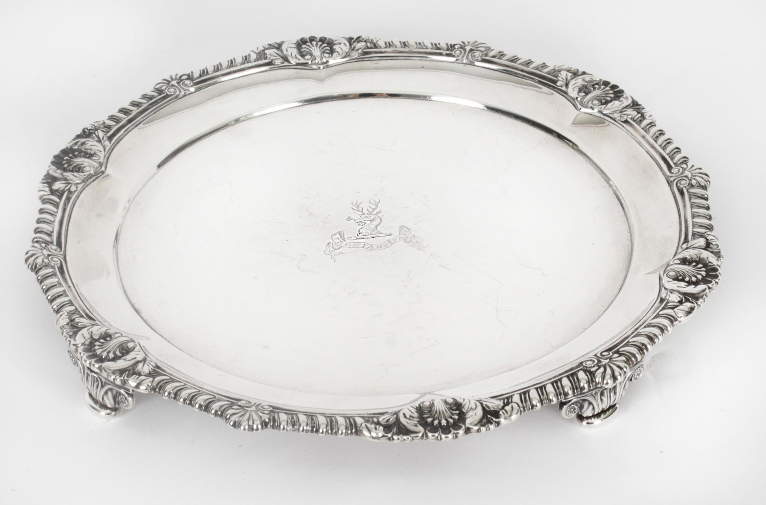 This is a wonderful English antique George III sterling silver 10 inch salver, by the world famous silversmith Paul Storr.

It has clear hallmarks for London 1811 and the makers mark of Paul Storr.

It is typical of his work with the raised