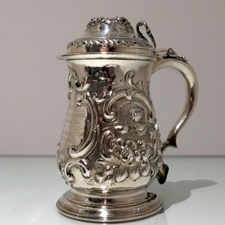 Antique George III Sterling Silver Tankard and Cover London 1763 John Swift For Sale 2