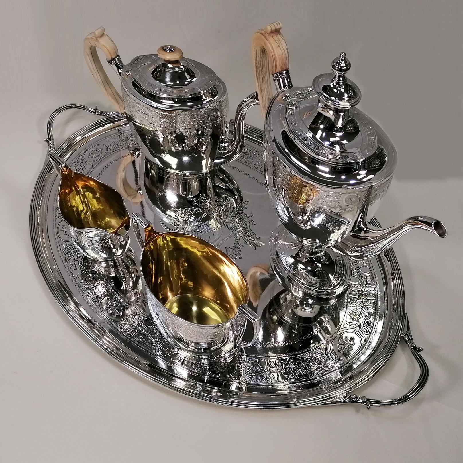 Antike George III Sterling Silber Tee-Kaffee-Set Elfenbein Griffe & Tablett 1798-1800 im Angebot 12