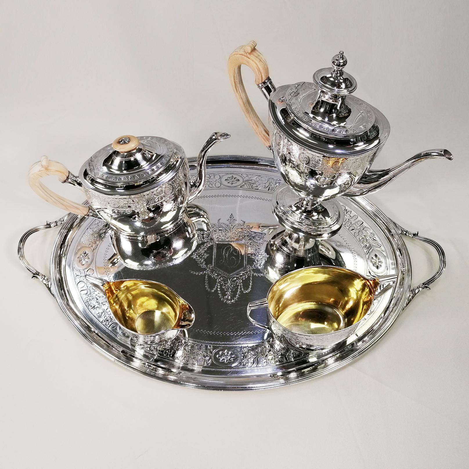 Antike George III Sterling Silber Tee-Kaffee-Set Elfenbein Griffe & Tablett 1798-1800 (George III.) im Angebot