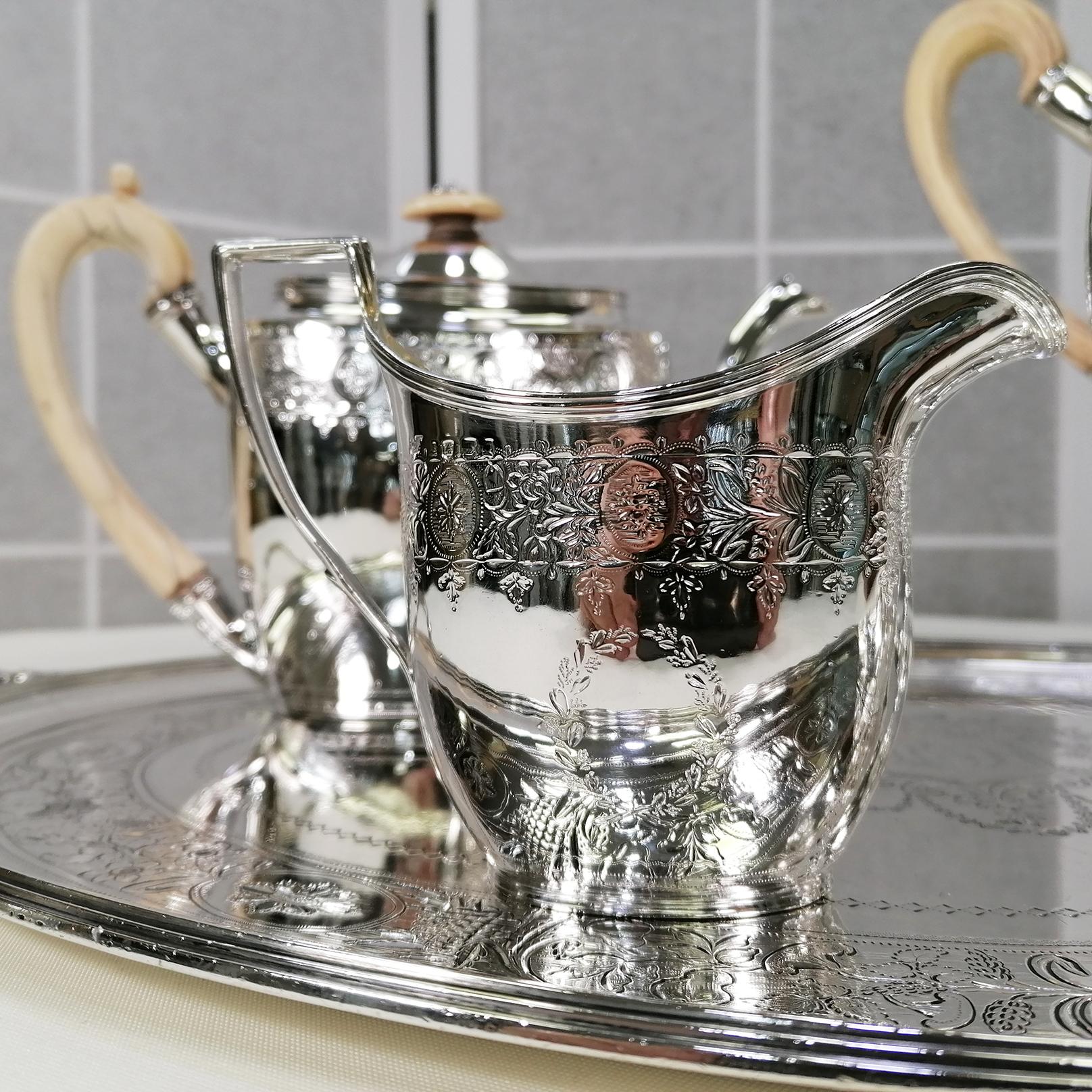 Antike George III Sterling Silber Tee-Kaffee-Set Elfenbein Griffe & Tablett 1798-1800 (Handgefertigt) im Angebot
