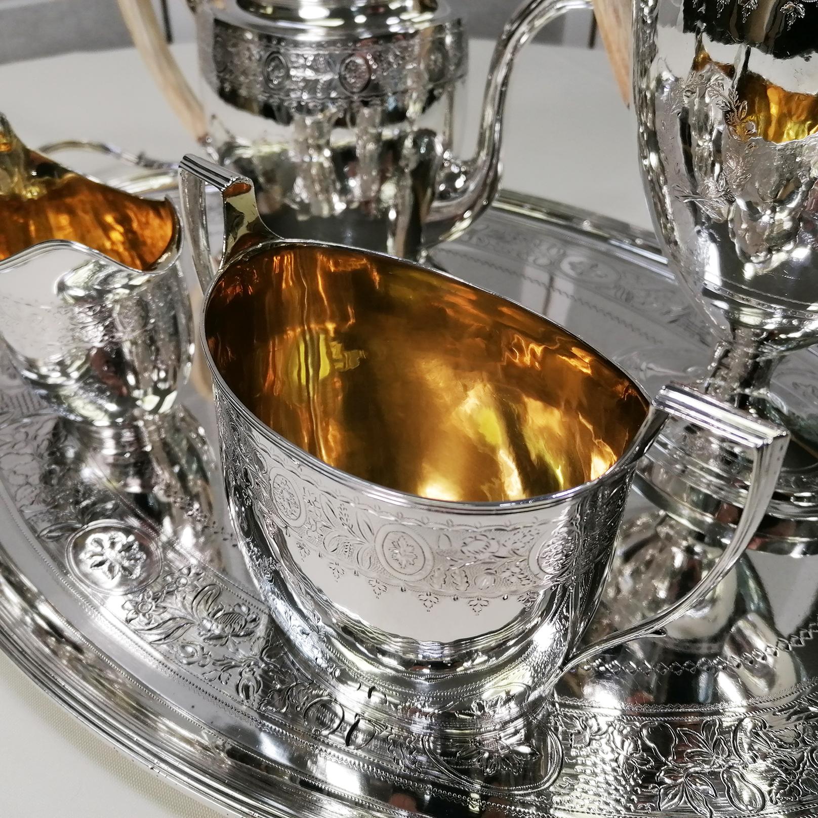 Antike George III Sterling Silber Tee-Kaffee-Set Elfenbein Griffe & Tablett 1798-1800 im Zustand „Hervorragend“ im Angebot in VALENZA, IT