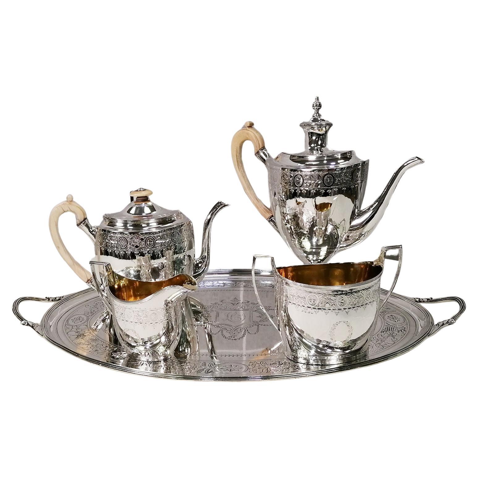 Antike George III Sterling Silber Tee-Kaffee-Set Elfenbein Griffe & Tablett 1798-1800 im Angebot