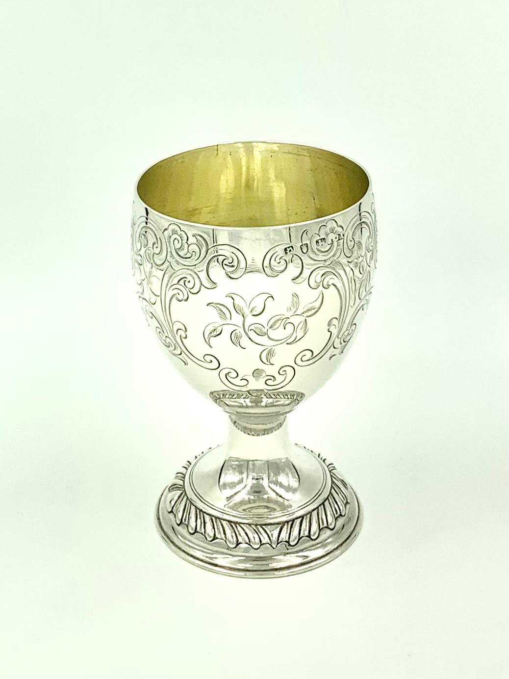 Fine 18th Century George III period engraved repousse sterling silver goblet by Francis Crump, London, 1770.
The use of sterling silver drinking vessels is associated with good health as silver is prized for removing impurities from libations.